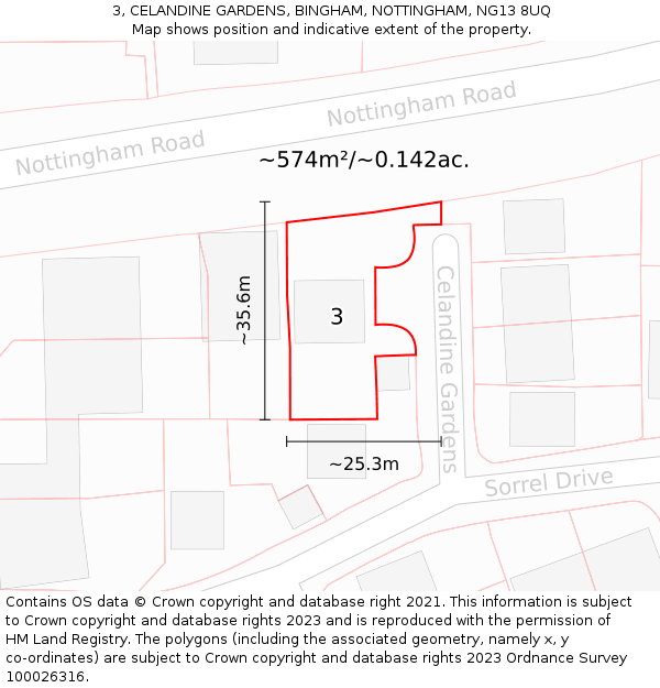 3, CELANDINE GARDENS, BINGHAM, NOTTINGHAM, NG13 8UQ: Plot and title map