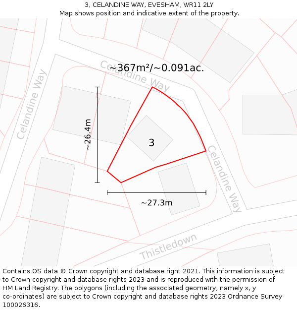 3, CELANDINE WAY, EVESHAM, WR11 2LY: Plot and title map