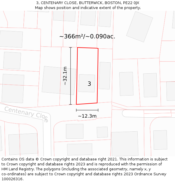 3, CENTENARY CLOSE, BUTTERWICK, BOSTON, PE22 0JX: Plot and title map