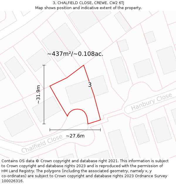3, CHALFIELD CLOSE, CREWE, CW2 6TJ: Plot and title map