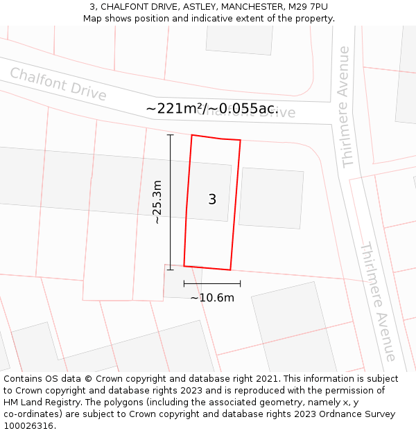 3, CHALFONT DRIVE, ASTLEY, MANCHESTER, M29 7PU: Plot and title map