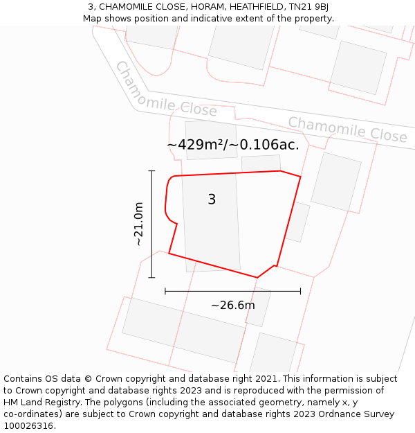3, CHAMOMILE CLOSE, HORAM, HEATHFIELD, TN21 9BJ: Plot and title map