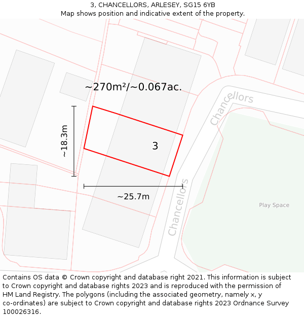3, CHANCELLORS, ARLESEY, SG15 6YB: Plot and title map