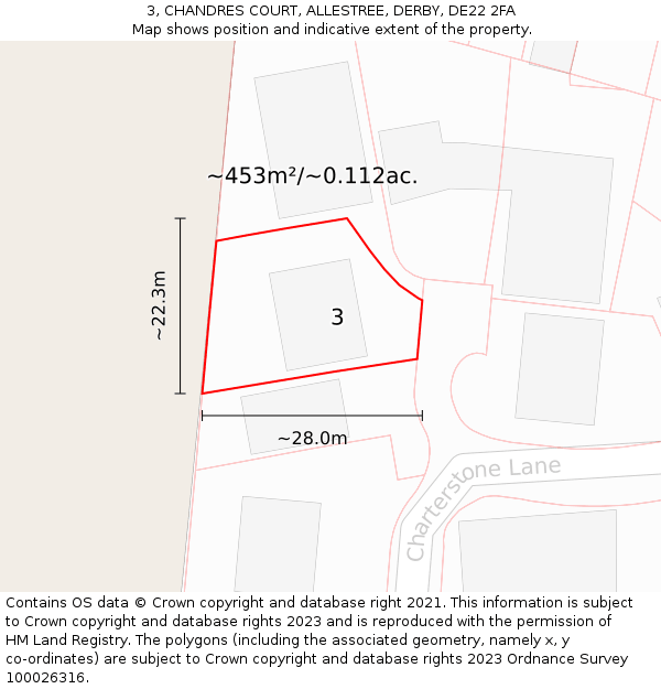 3, CHANDRES COURT, ALLESTREE, DERBY, DE22 2FA: Plot and title map