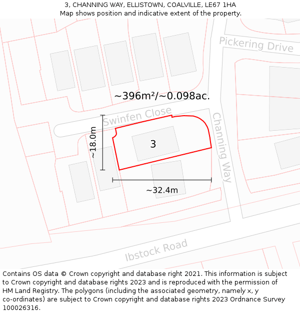 3, CHANNING WAY, ELLISTOWN, COALVILLE, LE67 1HA: Plot and title map