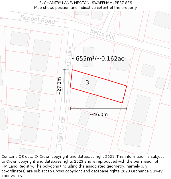 3, CHANTRY LANE, NECTON, SWAFFHAM, PE37 8ES: Plot and title map