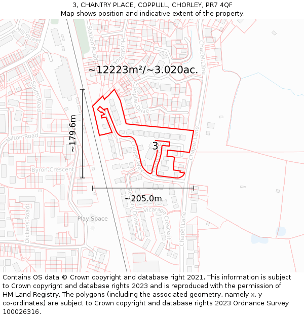 3, CHANTRY PLACE, COPPULL, CHORLEY, PR7 4QF: Plot and title map