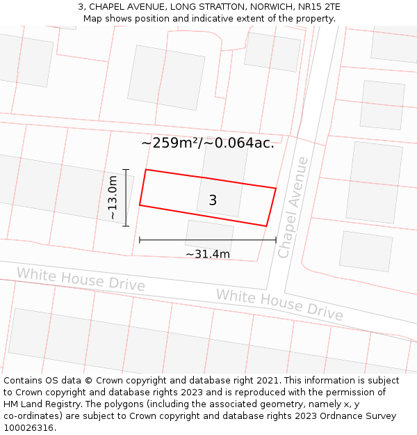 3, CHAPEL AVENUE, LONG STRATTON, NORWICH, NR15 2TE: Plot and title map