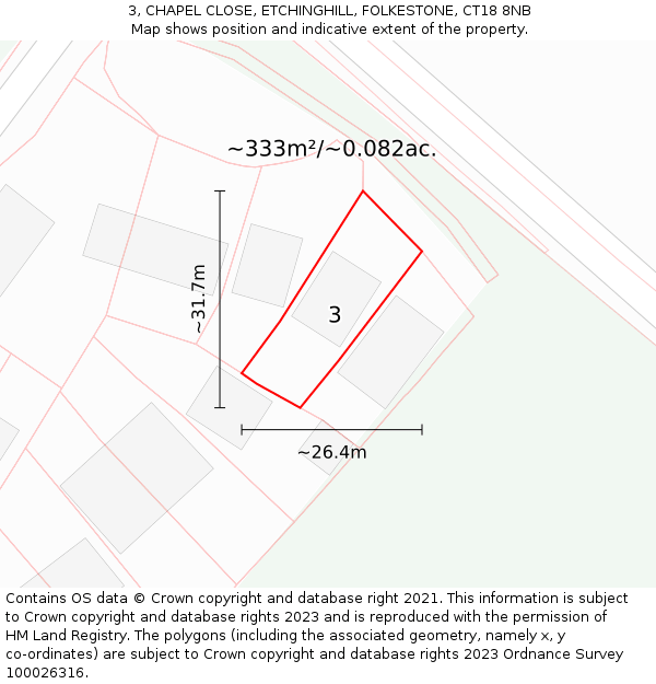3, CHAPEL CLOSE, ETCHINGHILL, FOLKESTONE, CT18 8NB: Plot and title map