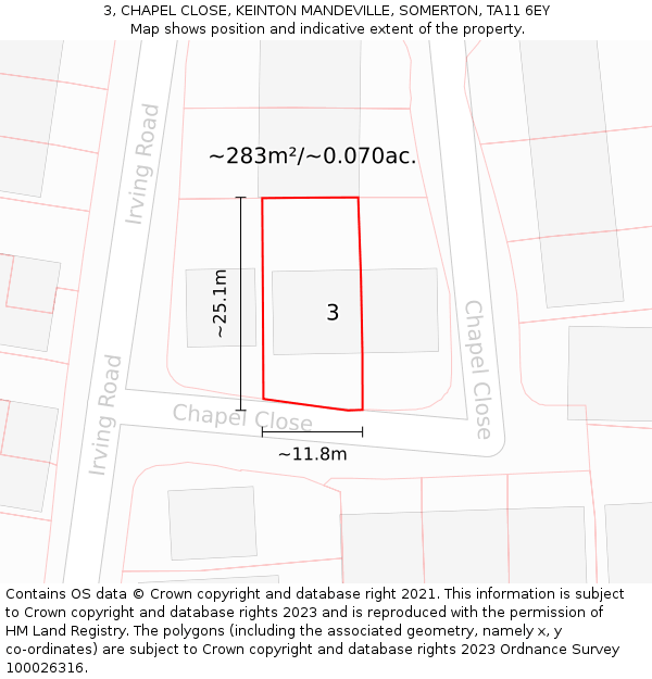 3, CHAPEL CLOSE, KEINTON MANDEVILLE, SOMERTON, TA11 6EY: Plot and title map