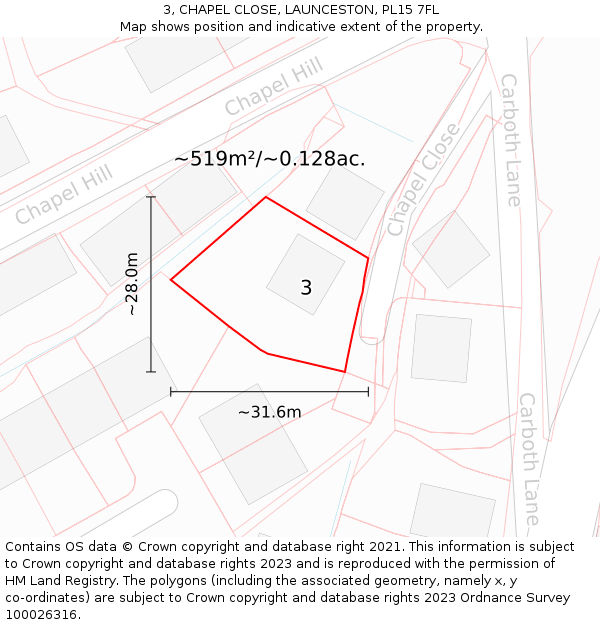 3, CHAPEL CLOSE, LAUNCESTON, PL15 7FL: Plot and title map