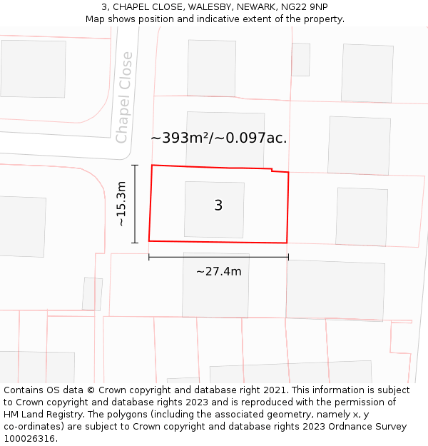 3, CHAPEL CLOSE, WALESBY, NEWARK, NG22 9NP: Plot and title map