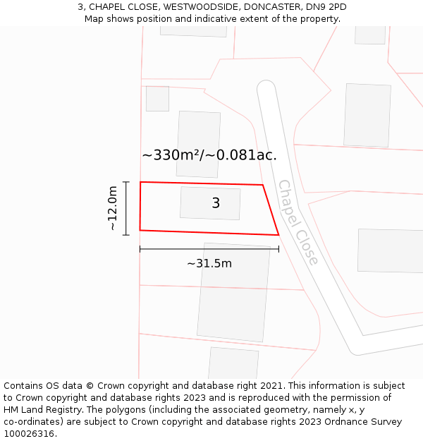3, CHAPEL CLOSE, WESTWOODSIDE, DONCASTER, DN9 2PD: Plot and title map