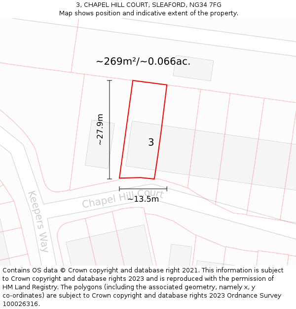 3, CHAPEL HILL COURT, SLEAFORD, NG34 7FG: Plot and title map
