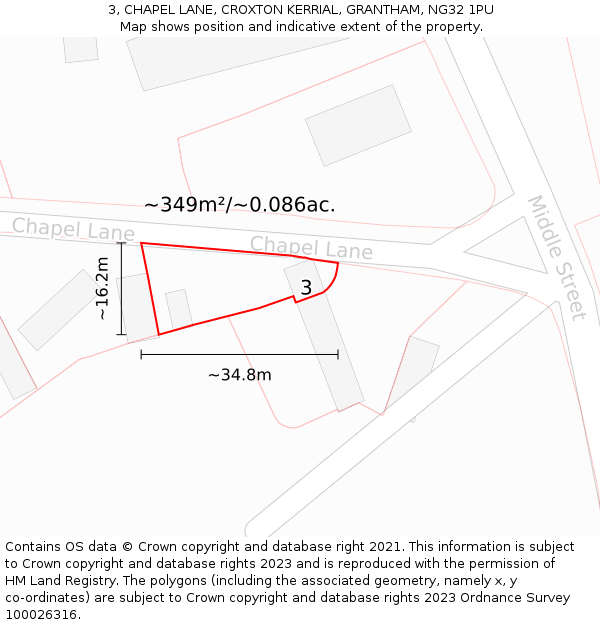 3, CHAPEL LANE, CROXTON KERRIAL, GRANTHAM, NG32 1PU: Plot and title map