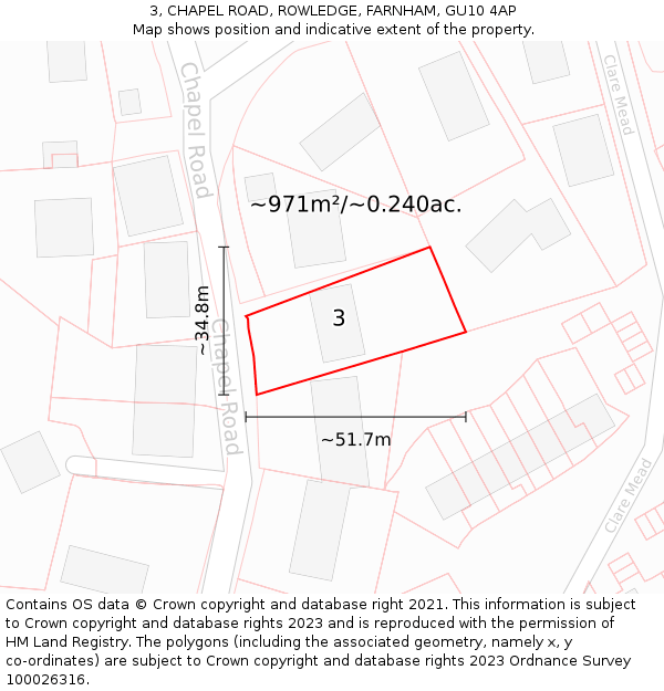 3, CHAPEL ROAD, ROWLEDGE, FARNHAM, GU10 4AP: Plot and title map
