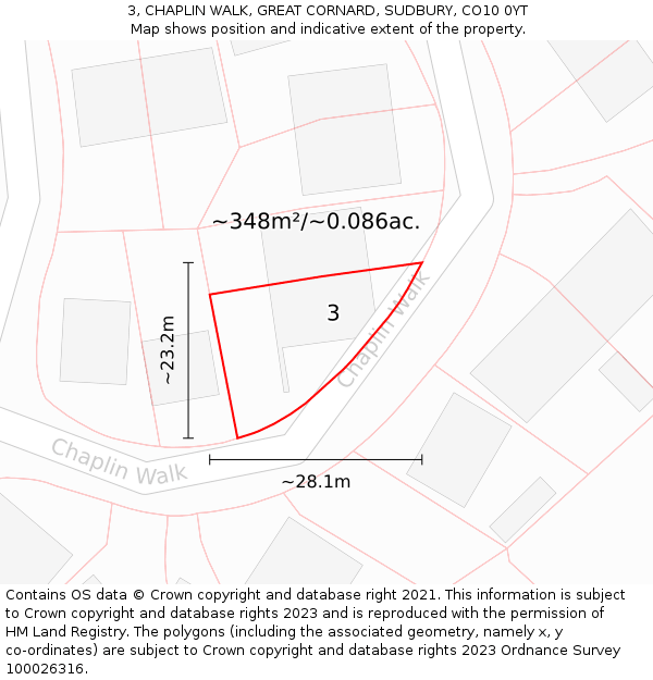3, CHAPLIN WALK, GREAT CORNARD, SUDBURY, CO10 0YT: Plot and title map