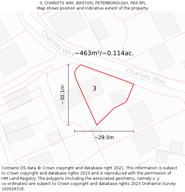 3, CHARIOTS WAY, BASTON, PETERBOROUGH, PE6 9PL: Plot and title map