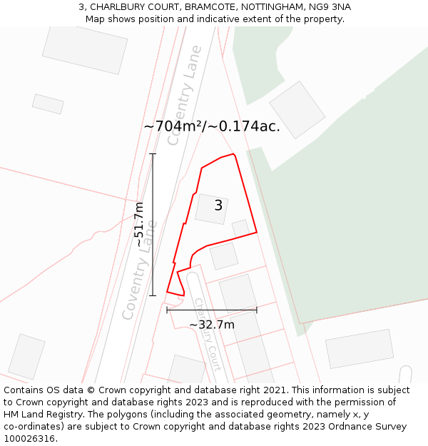 3, CHARLBURY COURT, BRAMCOTE, NOTTINGHAM, NG9 3NA: Plot and title map