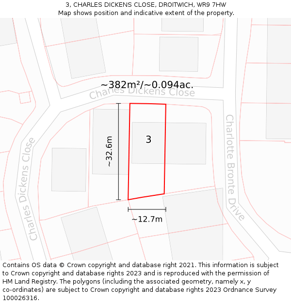 3, CHARLES DICKENS CLOSE, DROITWICH, WR9 7HW: Plot and title map