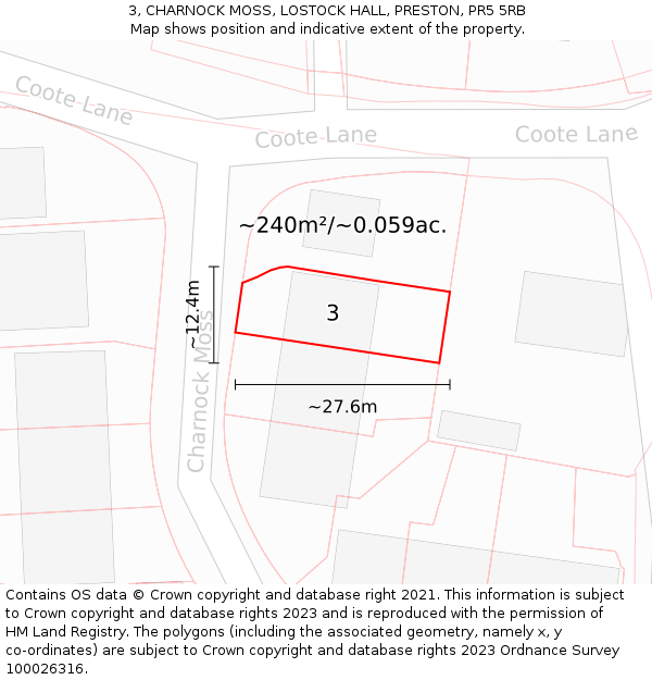 3, CHARNOCK MOSS, LOSTOCK HALL, PRESTON, PR5 5RB: Plot and title map