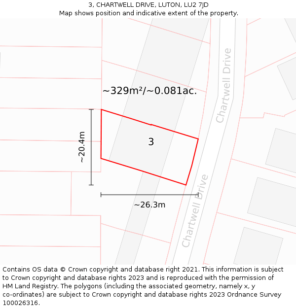 3, CHARTWELL DRIVE, LUTON, LU2 7JD: Plot and title map