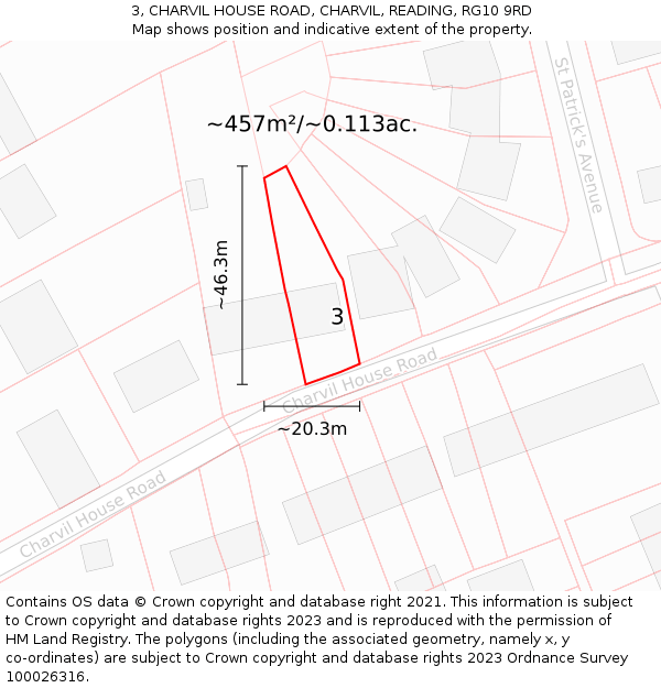 3, CHARVIL HOUSE ROAD, CHARVIL, READING, RG10 9RD: Plot and title map