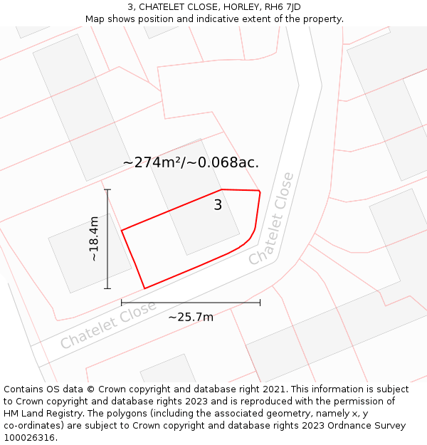 3, CHATELET CLOSE, HORLEY, RH6 7JD: Plot and title map