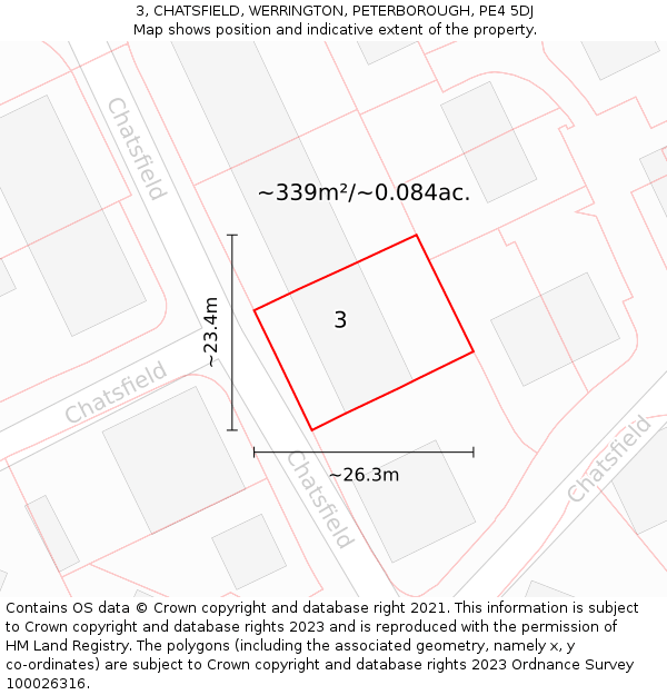 3, CHATSFIELD, WERRINGTON, PETERBOROUGH, PE4 5DJ: Plot and title map