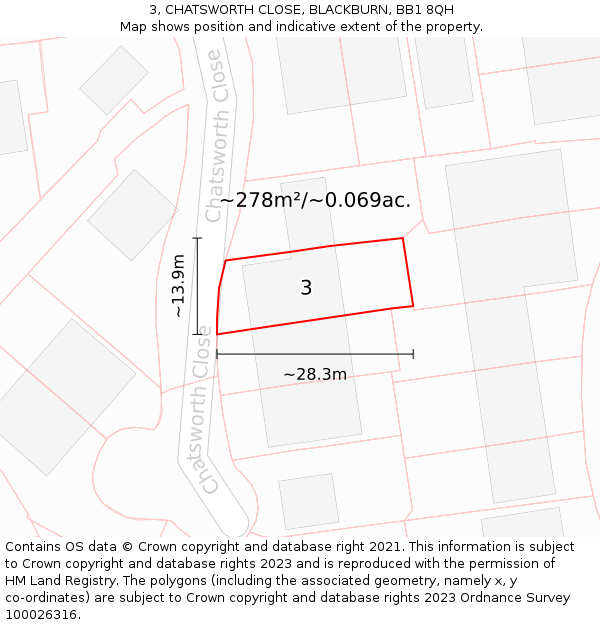 3, CHATSWORTH CLOSE, BLACKBURN, BB1 8QH: Plot and title map