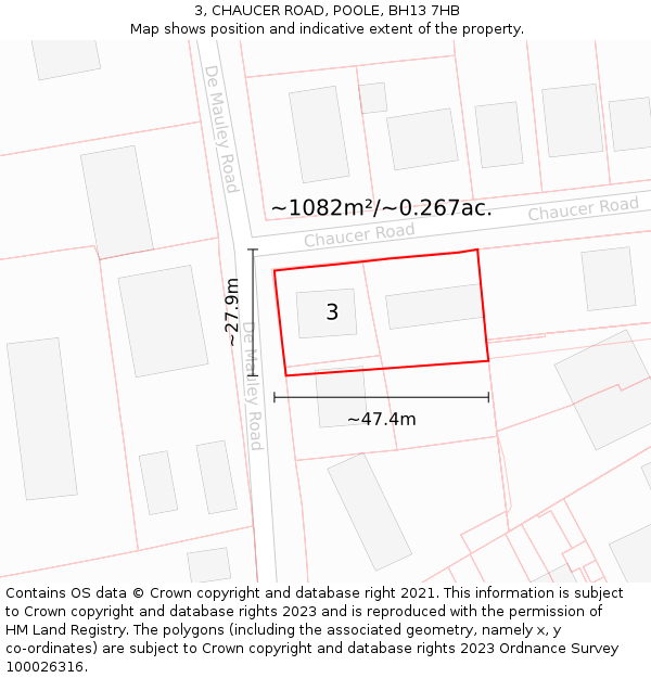 3, CHAUCER ROAD, POOLE, BH13 7HB: Plot and title map
