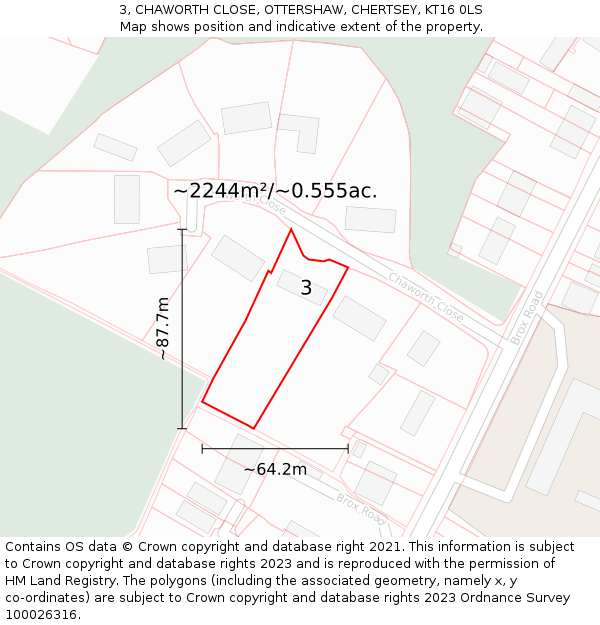 3, CHAWORTH CLOSE, OTTERSHAW, CHERTSEY, KT16 0LS: Plot and title map