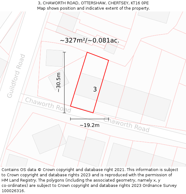 3, CHAWORTH ROAD, OTTERSHAW, CHERTSEY, KT16 0PE: Plot and title map