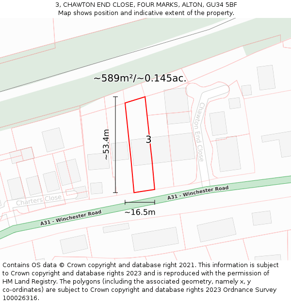 3, CHAWTON END CLOSE, FOUR MARKS, ALTON, GU34 5BF: Plot and title map