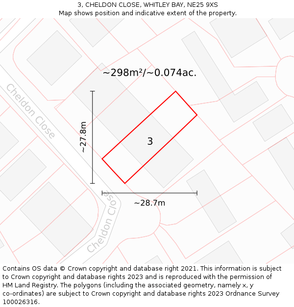 3, CHELDON CLOSE, WHITLEY BAY, NE25 9XS: Plot and title map