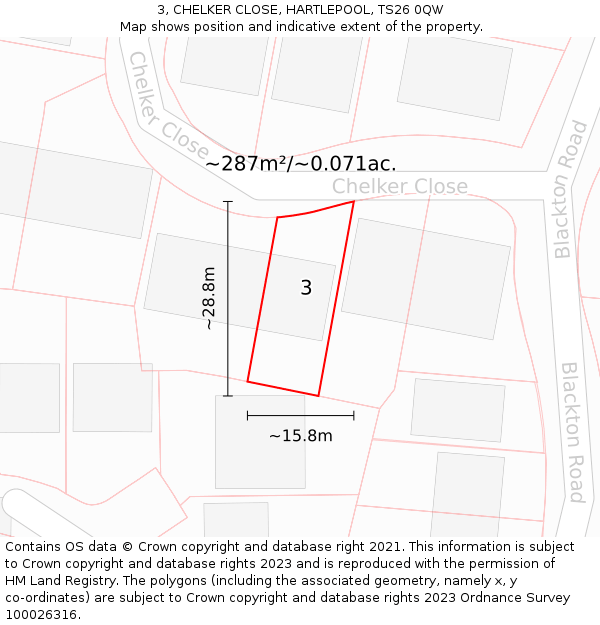 3, CHELKER CLOSE, HARTLEPOOL, TS26 0QW: Plot and title map