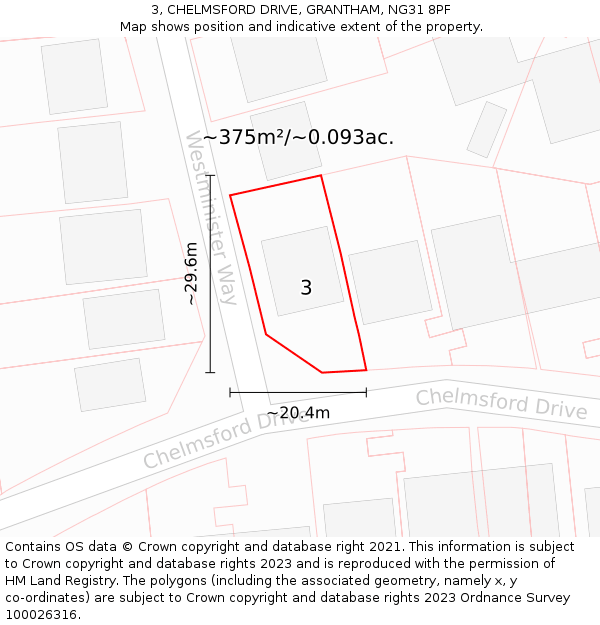 3, CHELMSFORD DRIVE, GRANTHAM, NG31 8PF: Plot and title map