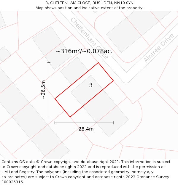 3, CHELTENHAM CLOSE, RUSHDEN, NN10 0YN: Plot and title map