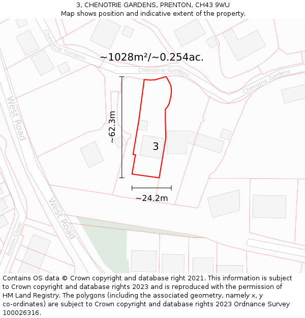 3, CHENOTRIE GARDENS, PRENTON, CH43 9WU: Plot and title map
