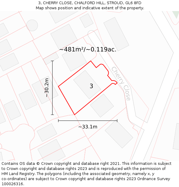 3, CHERRY CLOSE, CHALFORD HILL, STROUD, GL6 8FD: Plot and title map