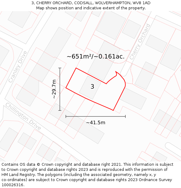 3, CHERRY ORCHARD, CODSALL, WOLVERHAMPTON, WV8 1AD: Plot and title map