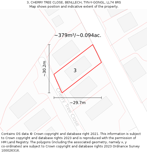 3, CHERRY TREE CLOSE, BENLLECH, TYN-Y-GONGL, LL74 8RS: Plot and title map