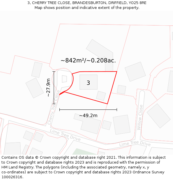 3, CHERRY TREE CLOSE, BRANDESBURTON, DRIFFIELD, YO25 8RE: Plot and title map