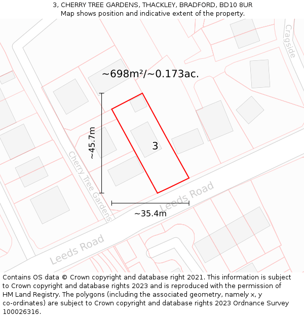 3, CHERRY TREE GARDENS, THACKLEY, BRADFORD, BD10 8UR: Plot and title map