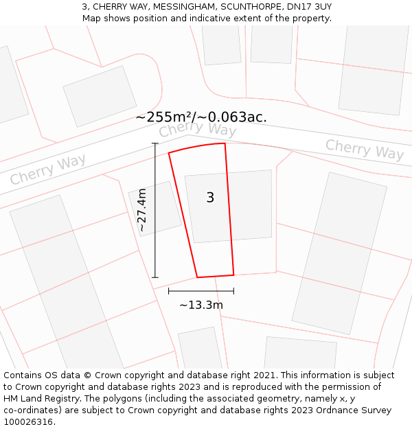 3, CHERRY WAY, MESSINGHAM, SCUNTHORPE, DN17 3UY: Plot and title map