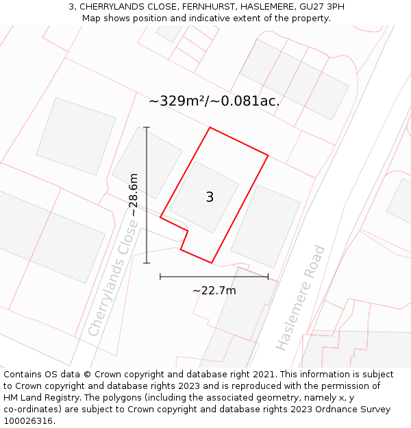 3, CHERRYLANDS CLOSE, FERNHURST, HASLEMERE, GU27 3PH: Plot and title map