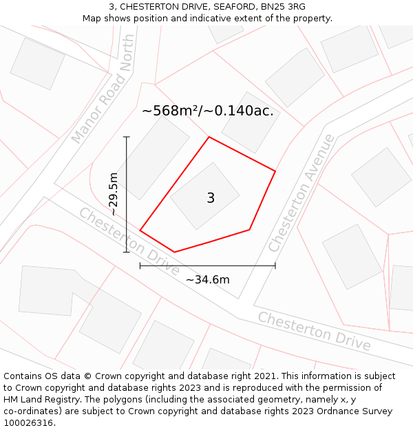 3, CHESTERTON DRIVE, SEAFORD, BN25 3RG: Plot and title map