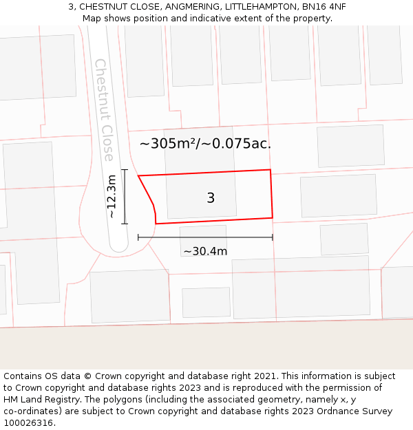 3, CHESTNUT CLOSE, ANGMERING, LITTLEHAMPTON, BN16 4NF: Plot and title map