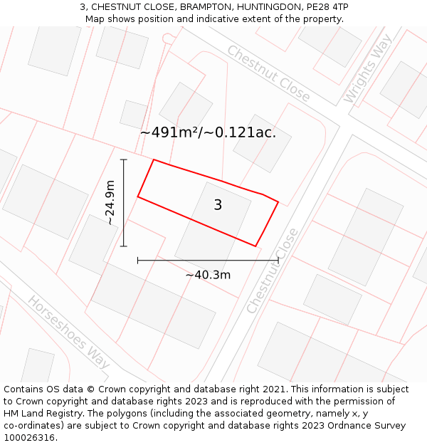 3, CHESTNUT CLOSE, BRAMPTON, HUNTINGDON, PE28 4TP: Plot and title map