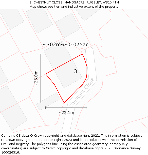 3, CHESTNUT CLOSE, HANDSACRE, RUGELEY, WS15 4TH: Plot and title map